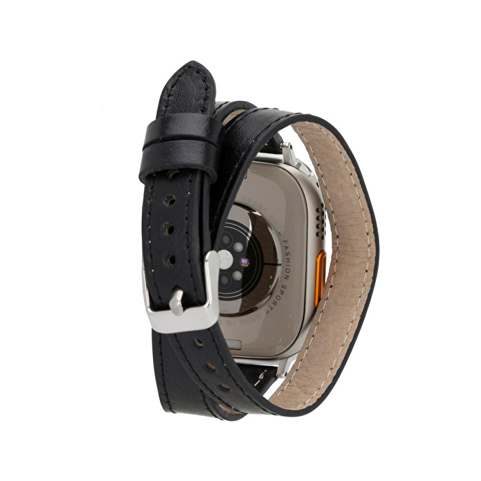 Bloominbag Alpine Slim Double Tour Noir Black Hakiki Deri Apple Watch Kordonu - 44/45/46/49mm