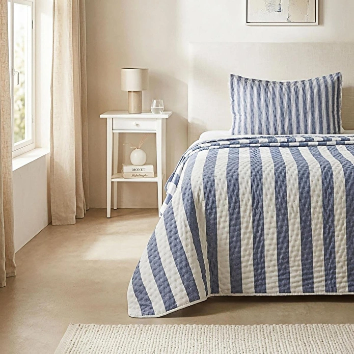 Ocean Home Textile Pamuklu Kaapitoneli Lacivert Renk Çizgi Desen Tek Kişilik Yatak Örtüsü Seti 1 Adet 180 X 230 / 1 Adet 50 X 70 C