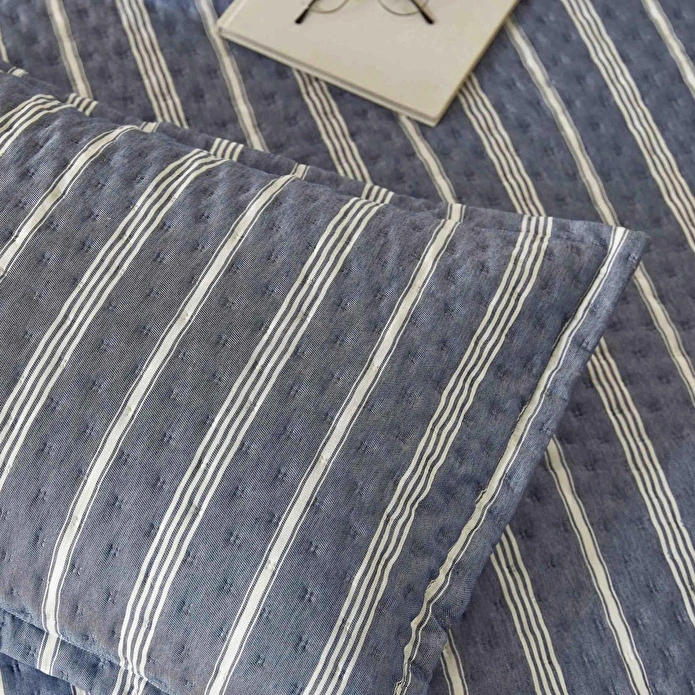Ocean Home Textile Pamuklu Kaapitoneli Lacivert Renk Çizgi Desen Tek Kişilik Yatak Örtüsü Seti 1 Adet 180 X 230 / 1 Adet 50 X 70 C