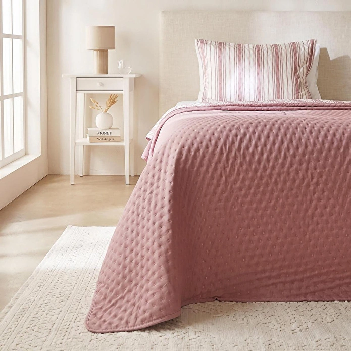 Ocean Home Textile Pamuklu Kapitoneli Bordo Renk Çizgi Desen Tek Kişilik Yatak Örtüsü Seti 1 Adet 180 X 230 / 1 Adet 50 X 70 Cm