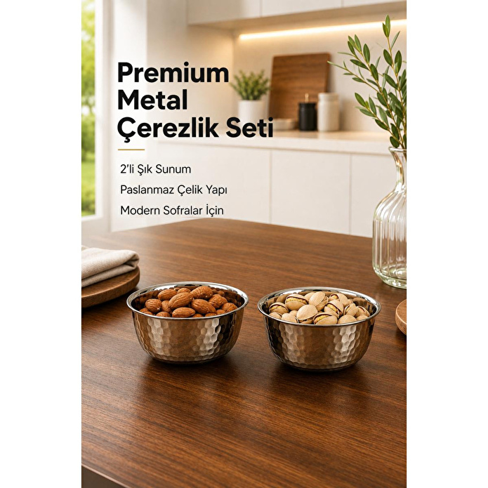 Vienev Paslanmaz Metal 2'li Çerezlik Kase Takımı - 9,5x6 Cm Lüks Sunum Ve Sosluk Seti