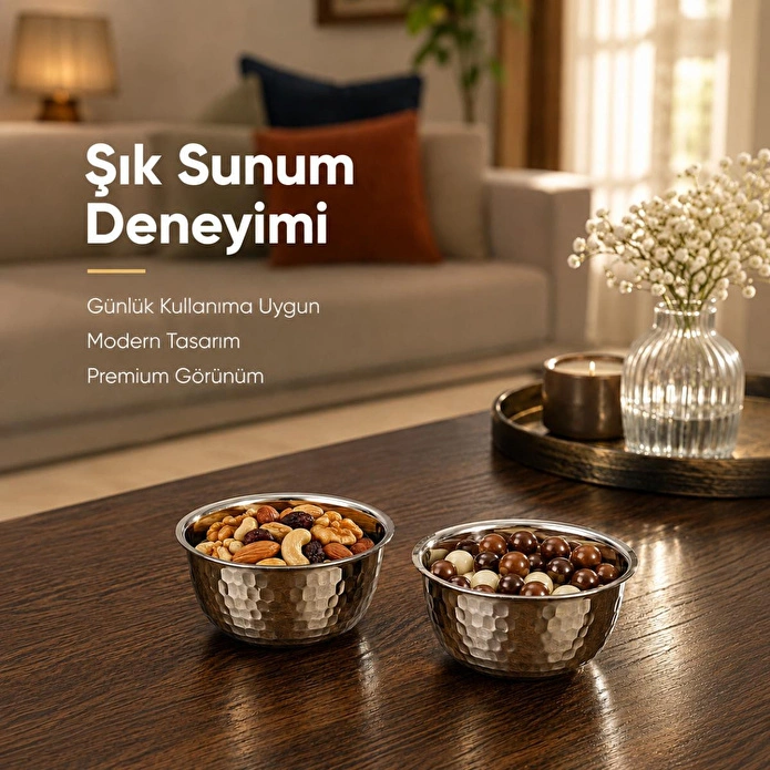 Vienev Paslanmaz Metal 2'li Çerezlik Kase Takımı - 9,5x6 Cm Lüks Sunum Ve Sosluk Seti