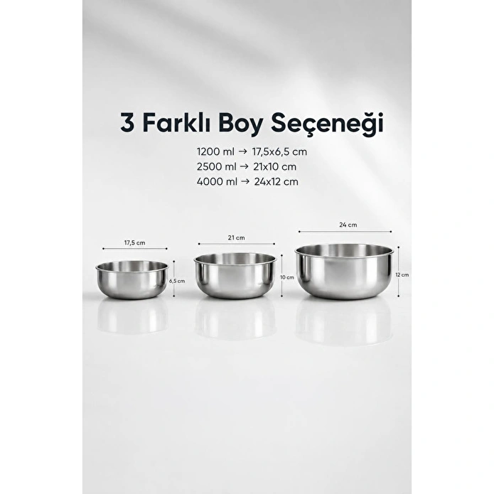 Vienev 3'lü Paslanmaz Çelik Karıştırma Kabı Seti - 1200-2500-4000 Ml Metal Kase Takımı