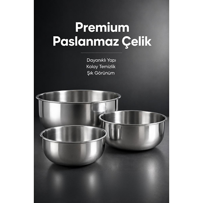 Vienev 3'lü Paslanmaz Çelik Karıştırma Kabı Seti - 1200-2500-4000 Ml Metal Kase Takımı