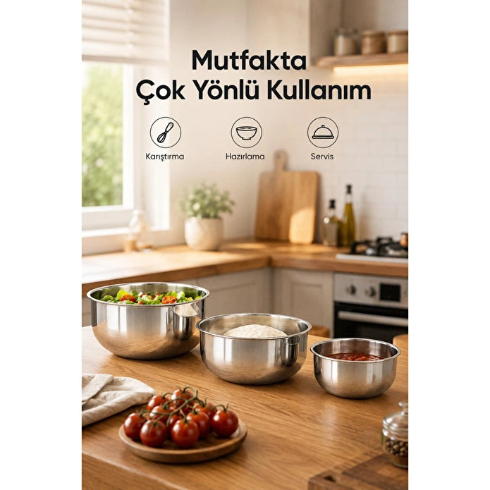 Vienev 3'lü Paslanmaz Çelik Karıştırma Kabı Seti - 1200-2500-4000 Ml Metal Kase Takımı