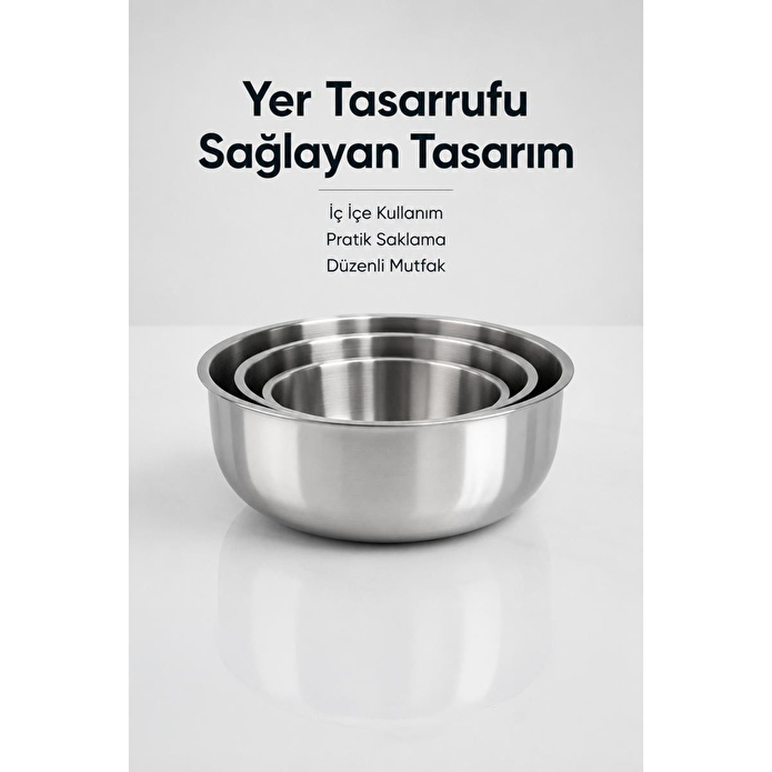 Vienev 3'lü Paslanmaz Çelik Karıştırma Kabı Seti - 1200-2500-4000 Ml Metal Kase Takımı