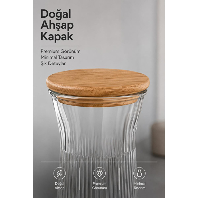 Vienev Ahşap Kapaklı Cam Sürahi & Vazo 1100 Ml - Çizgili Cam Karaf Başucu Sürahisi 25 Cm