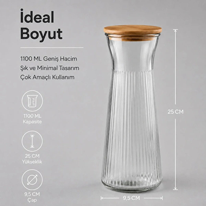Vienev Ahşap Kapaklı Cam Sürahi & Vazo 1100 Ml - Çizgili Cam Karaf Başucu Sürahisi 25 Cm