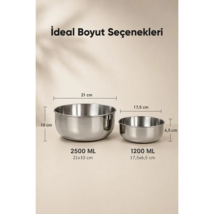 Vienev 2'li Paslanmaz Çelik Karıştırma Kabı Seti - 1200-2500 Ml Metal Kase Takımı