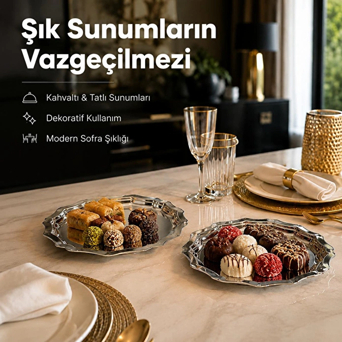 Vienev 2'li Metal Sunum Tabağı Seti 24 Cm - Çiçek Dekor Sunum Tepsi