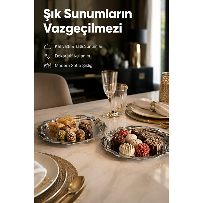 Vienev 2'li Metal Sunum Tabağı Seti 24 Cm - Çiçek Dekor Sunum Tepsi