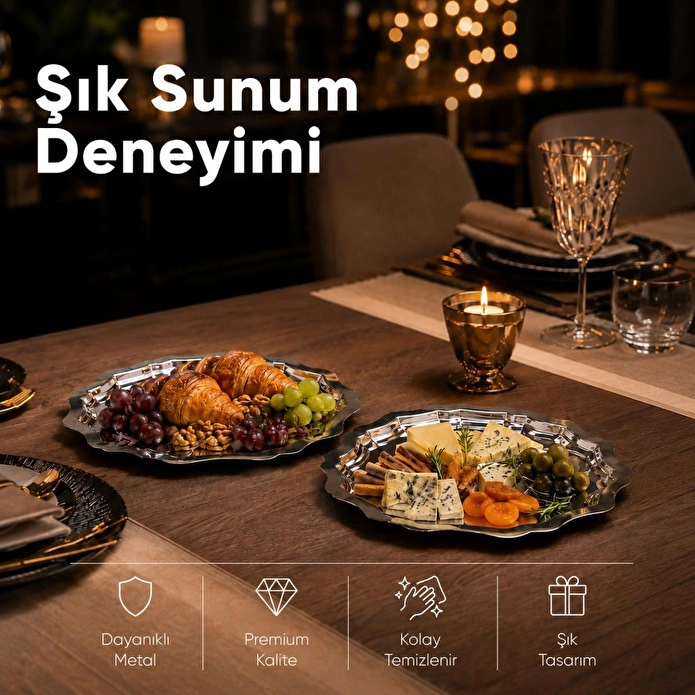 Vienev 2'li Metal Sunum Tabağı Seti 24 Cm - Çiçek Dekor Sunum Tepsi