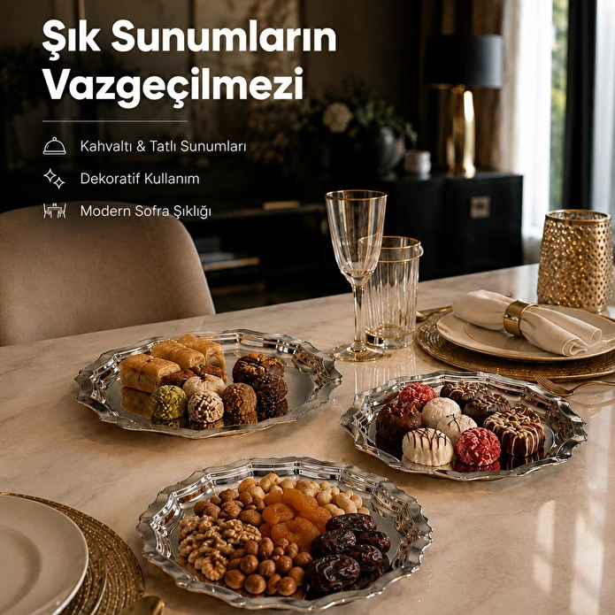 Vienev 3'lü Metal Sunum Tabağı Seti 24 Cm - Çiçek Dekor Sunum Tepsi