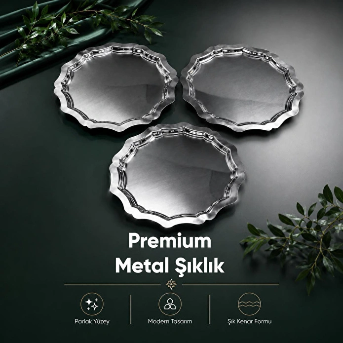 Vienev 3'lü Metal Sunum Tabağı Seti 24 Cm - Çiçek Dekor Sunum Tepsi