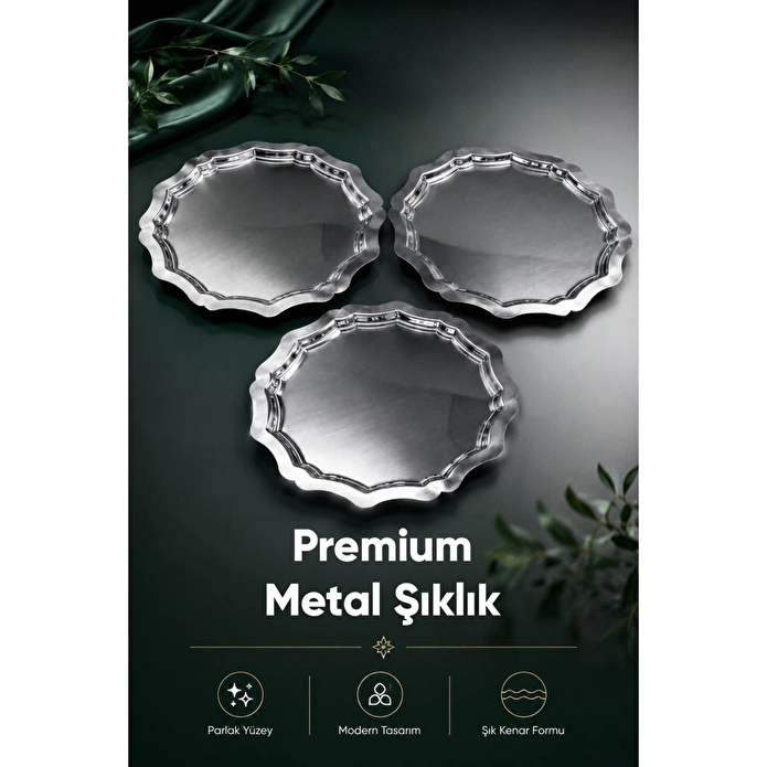 Vienev 3'lü Metal Sunum Tabağı Seti 24 Cm - Çiçek Dekor Sunum Tepsi