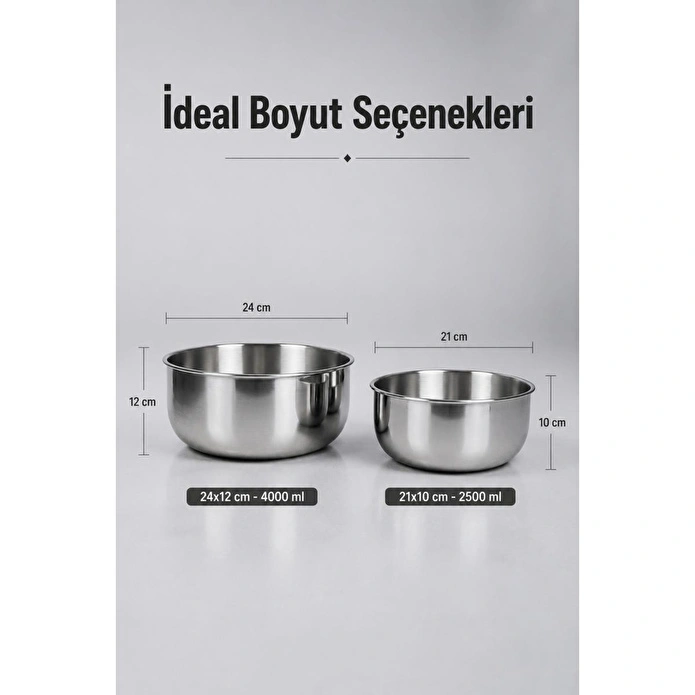 Vienev 2'li Paslanmaz Çelik Karıştırma Kabı Seti - 2500-4000 Ml Metal Kase Takımı