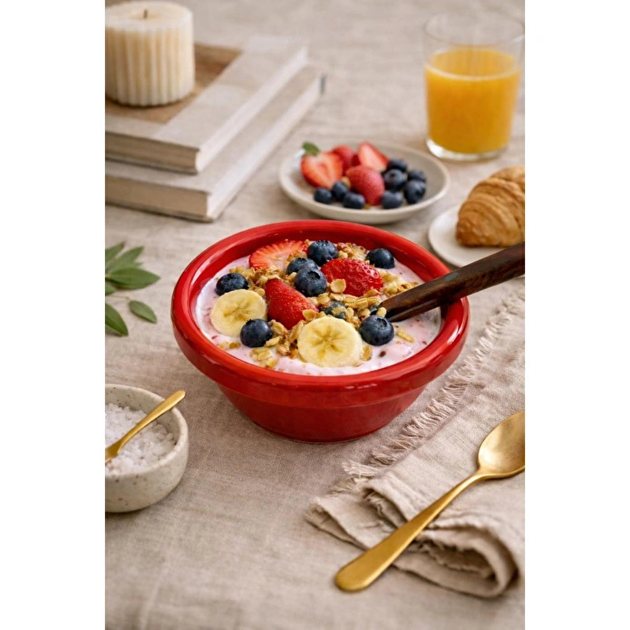 Beige & Stone Seramik Donut Dondurma Bowl Kahvaltılık Tatlı Salata Kase Kırmızı