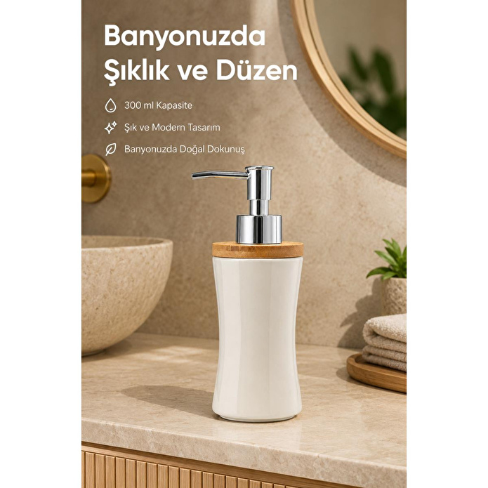 Vienev Bambu Kapaklı Porselen Sıvı Sabunluk 300 Ml Bej