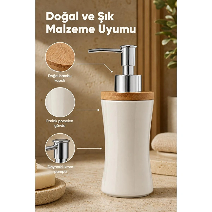 Vienev Bambu Kapaklı Porselen Sıvı Sabunluk 300 Ml Bej