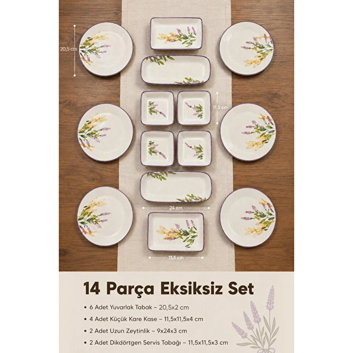 Vienev 14 Parça 6 Kişilik Lavanta Desen Seramik Kahvaltı Takım Seti