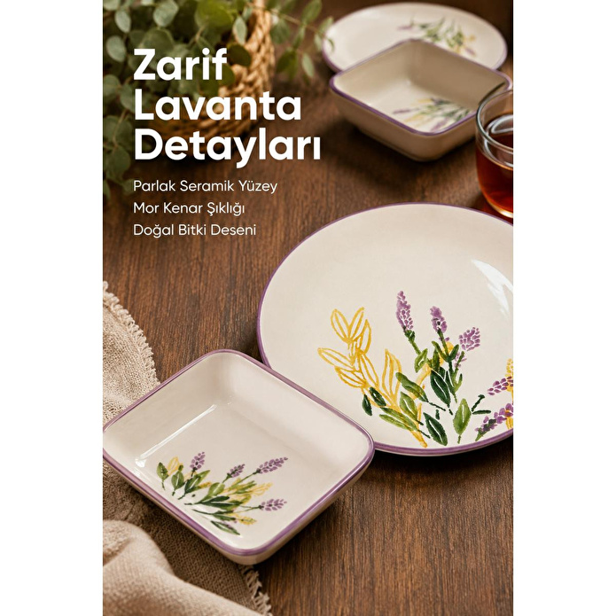 Vienev 14 Parça 6 Kişilik Lavanta Desen Seramik Kahvaltı Takım Seti