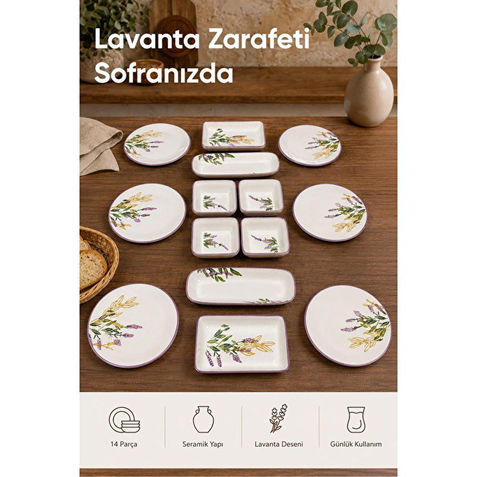 Vienev 14 Parça 6 Kişilik Lavanta Desen Seramik Kahvaltı Takım Seti