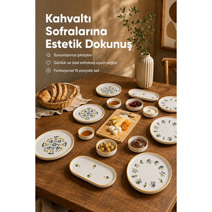 Vienev 15 Parça Bambu Sunumluklu Klasik Kahvaltı Takımı Seti