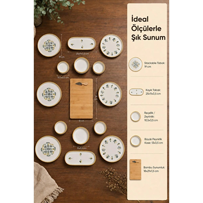 Vienev 15 Parça Bambu Sunumluklu Klasik Kahvaltı Takımı Seti