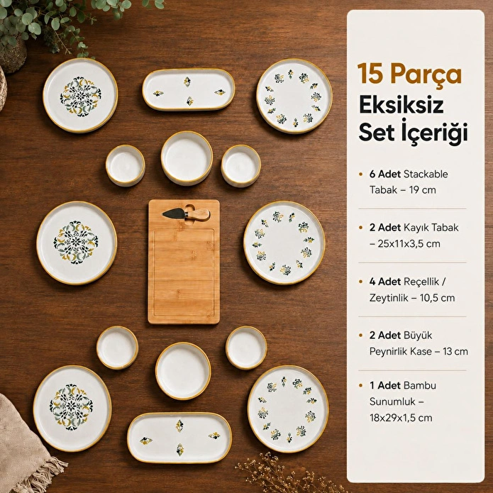 Vienev 15 Parça Bambu Sunumluklu Klasik Kahvaltı Takımı Seti