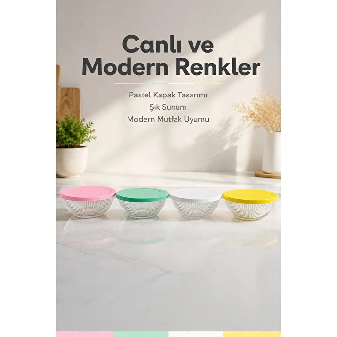 Vienev 4'lü Renkli Kapaklı Cam Kase Seti 415 Cc - Kahvaltılık Saklama Kabı