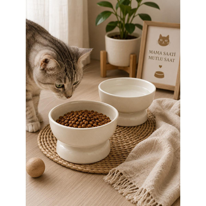 Beige & Stone Seramik Ayaklı 13 Cm Yükseltilmiş Kedi Mama Ve Su Kabı Evcil Hayvan Beslenme Kabı