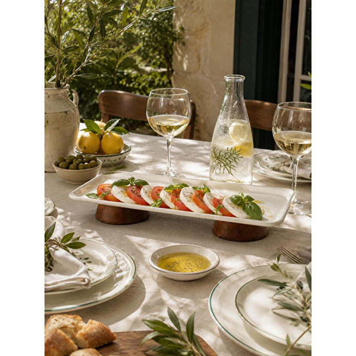 Beige & Stone Dikdörtgen Çift Ahşap Ayaklı Sunum Tabağı 33 Cm Pasta Meyve Servis Sunum Standı