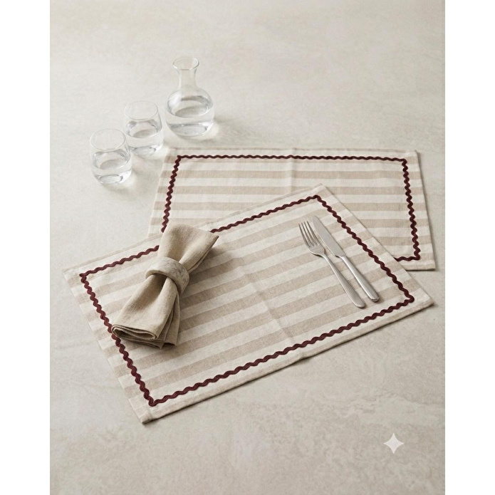 Beige & Stone Kahverengi Çizgili Bordo Biyeli Amerikan Servisi 2'li Set 33x44 Cm Sofra Ve Masa Düzeni Dekoru