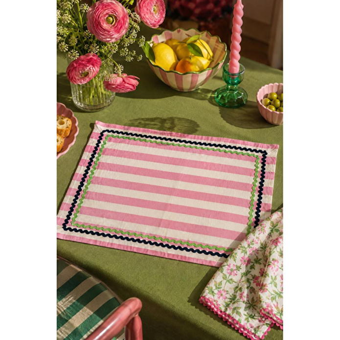 Beige & Stone Pembe Çizgili Açık Yeşil - Lacivert Biyeli Amerikan Servisi 2'li Set 33x44 Cm Sofra Ve Masa Düzeni Dekoru