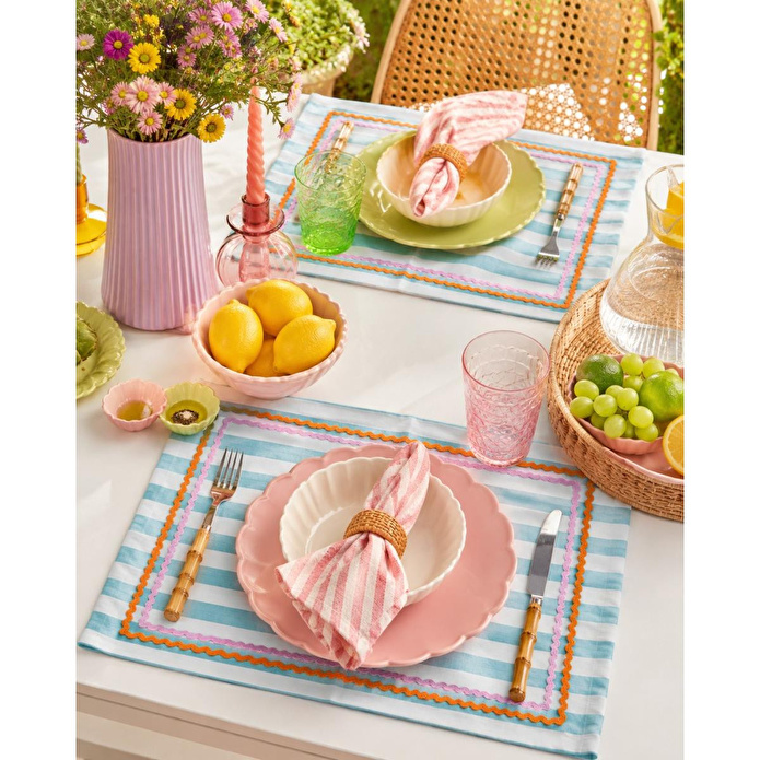 Beige & Stone Mavi Çizgili Pembe - Turuncu Biyeli Amerikan Servisi 2'li Set 33x44 Cm Sofra Ve Masa Düzeni Dekoru