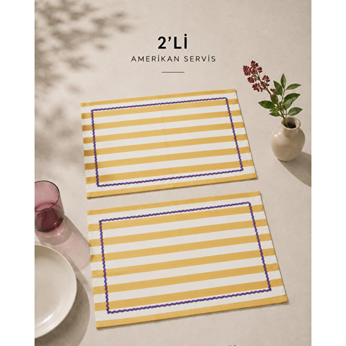 Beige & Stone Sarı Çizgili Mor Biyeli Amerikan Servisi 2'li Set 33x44 Cm Sofra Ve Masa Düzeni Dekoru