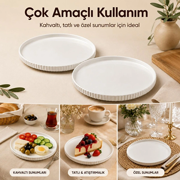Vienev 2 Parça 24 Cm Porselen Servis Tabağı Seti - Modern Çizgili Yuvarlak Sunum Tabağı