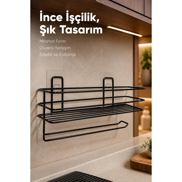 Vienev Yapışkanlı Siyah Metal Mutfak Rafı Ve Kağıt Havluluk