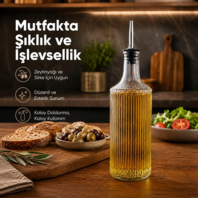 Vienev Çizgili Cam Yağdanlık Seti 750 Cc Yağ Sirke Şişesi Sızdırmaz