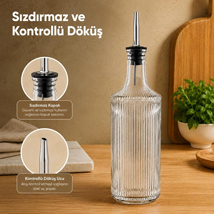 Vienev Çizgili Cam Yağdanlık Seti 750 Cc Yağ Sirke Şişesi Sızdırmaz