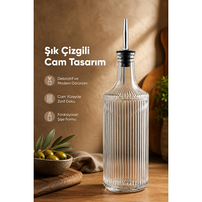 Vienev Çizgili Cam Yağdanlık Seti 750 Cc Yağ Sirke Şişesi Sızdırmaz