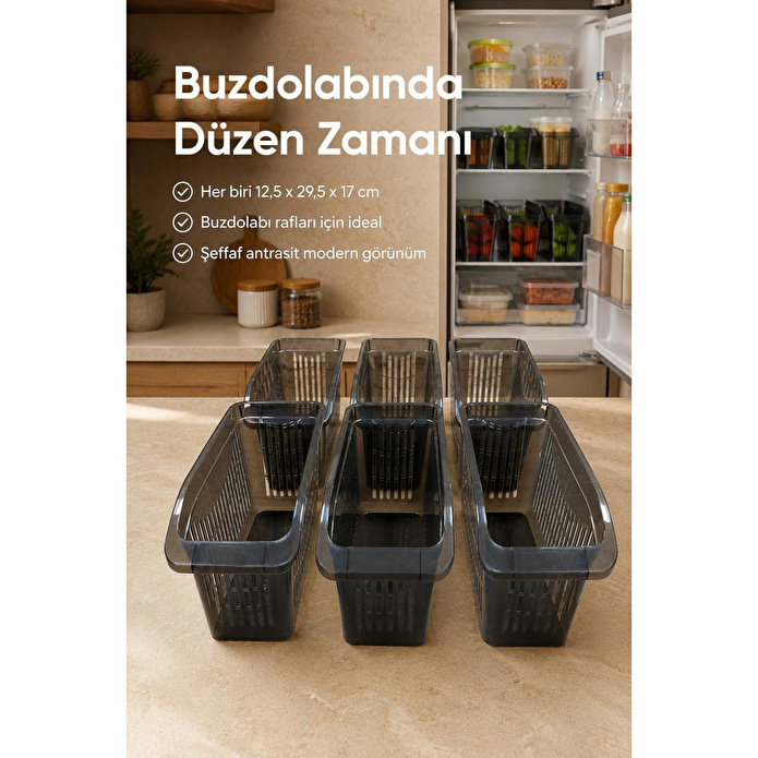 Vienev 6'lı Şeffaf Antrasit Buzdolabı Düzenleyici Dolap İçi Düzenleme Organizer Seti