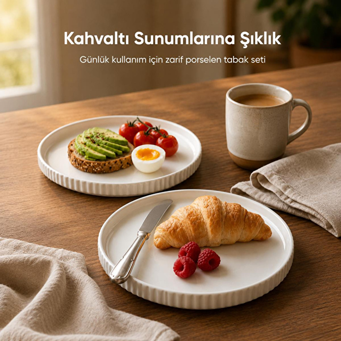 Vienev 2 Parça 20 Cm Porselen Servis Tabağı Seti - Modern Çizgili Yuvarlak Sunum Tabağı