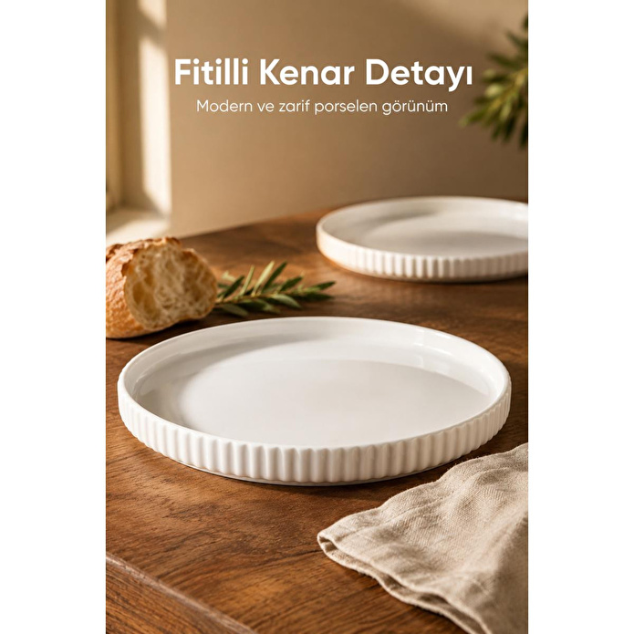 Vienev 2 Parça 20 Cm Porselen Servis Tabağı Seti - Modern Çizgili Yuvarlak Sunum Tabağı