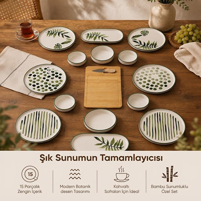 Vienev 15 Parça Bambu Sunumluklu Botanik Kahvaltı Takımı Seti
