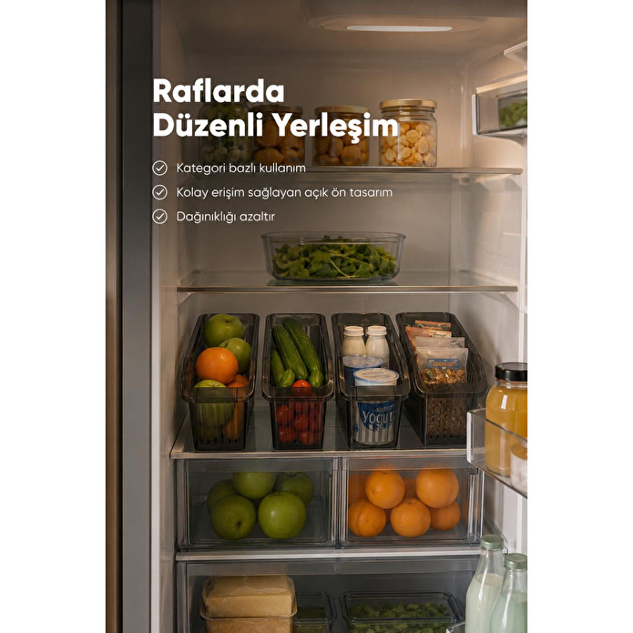 Vienev 4'lü Şeffaf Antrasit Buzdolabı Düzenleyici Dolap İçi Düzenleme Organizer Seti