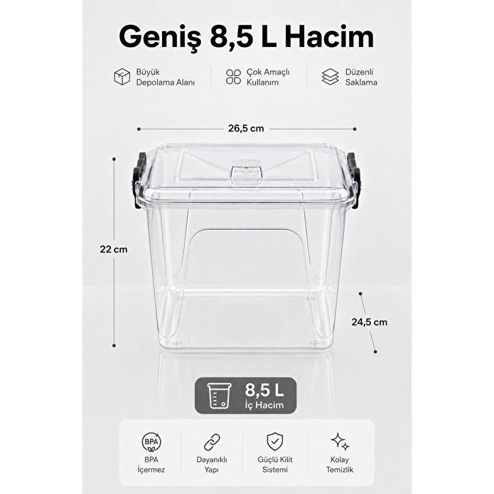 Vienev 8.5 Lt Şeffaf Plastik Erzak Saklama Kabı 5'li Set - Kapaklı Kilitli Çok Amaçlı Düzenleyici