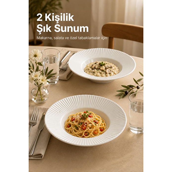 Vienev 2'li Porselen Çizgi Desenli Çukur Makarna Tabağı 27 Cm