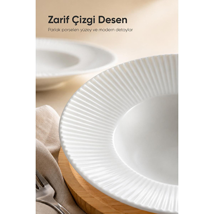 Vienev 2'li Porselen Çizgi Desenli Çukur Makarna Tabağı 27 Cm