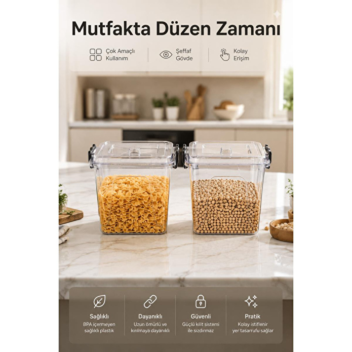 Vienev 8,5 L Şeffaf Plastik Saklama Kabı 2'li Set Düzenleyici Kutu Kapaklı Erzak Kabı